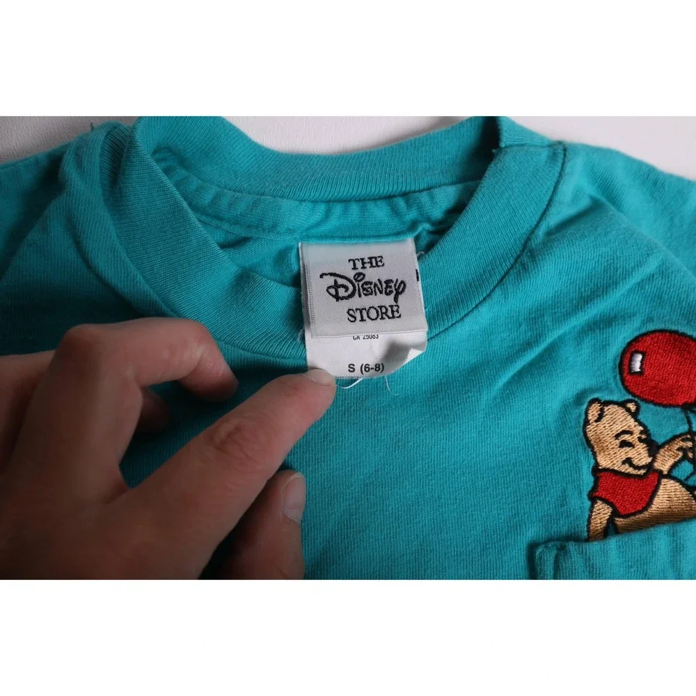 Vintage Disney Store Winnie the Pooh Pocket T-Shirt Teal Kids Small 6-8 Balloon